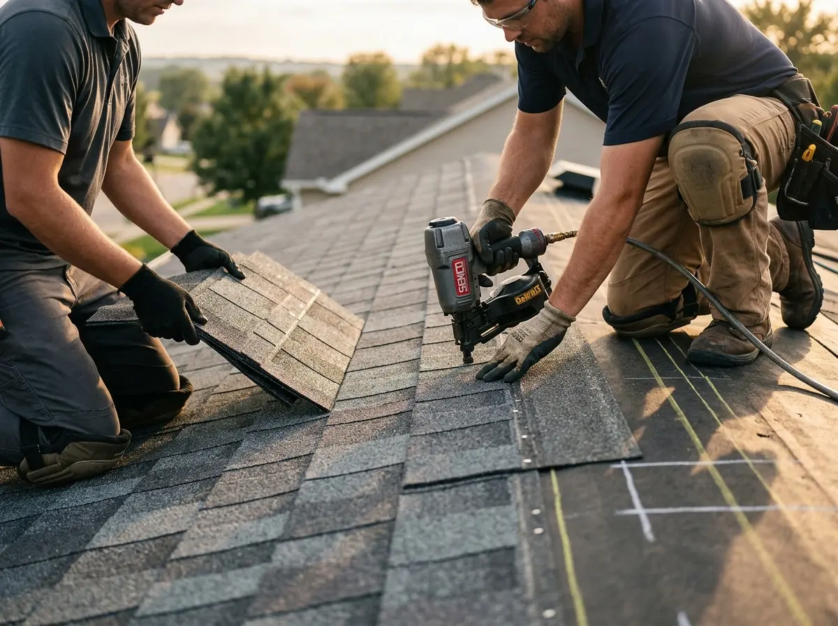 Professional roofer working on a residential roof in Sugar Grove